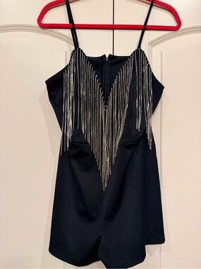 Black Fringe Rhinestone Spaghetti-Strap Romper